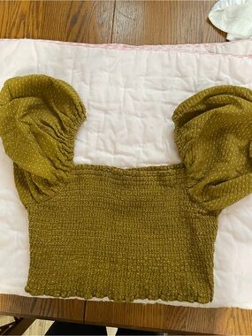 wild fable Mustard with white thread embellishments Smocked Puff Sleeve Crop Top